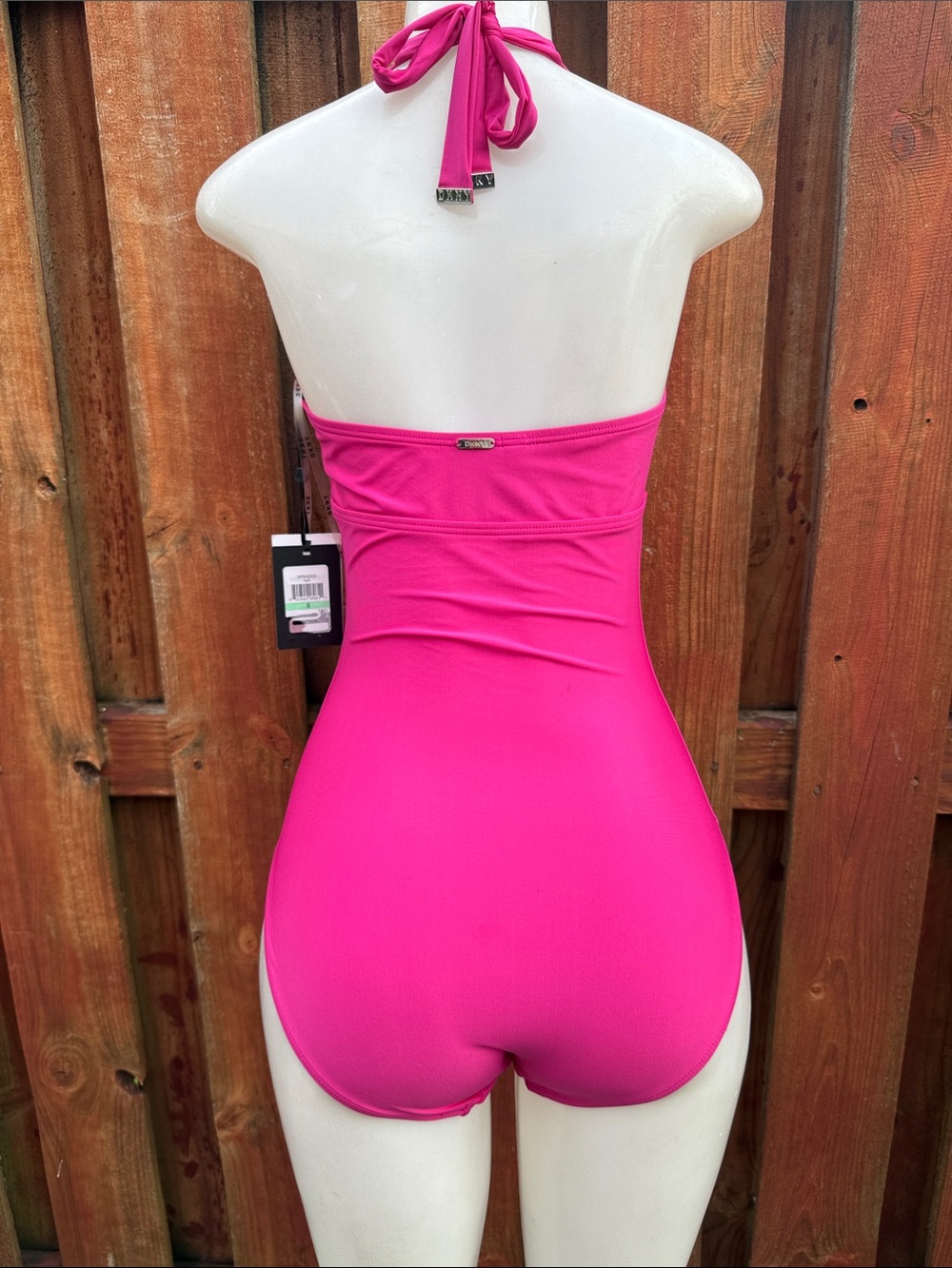 DKNY Hot Pink Plunging Tie Front Halter One Piece Swimsuit Bathing Suit NWT 8 - Picture 2 of 9